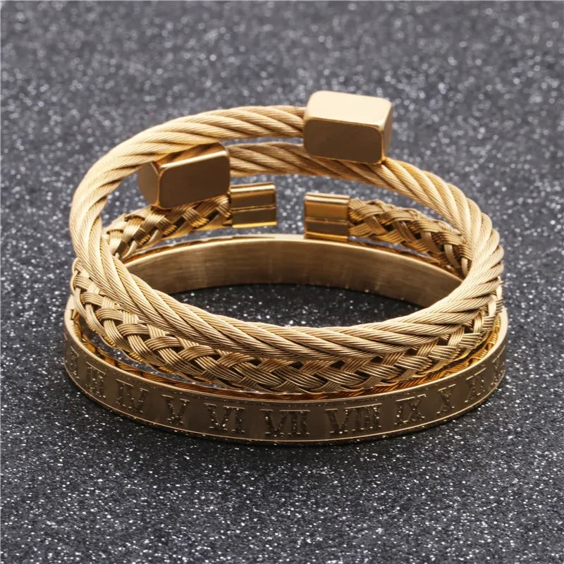 Fashion-Jewelry-Roman-Alphabet-Box-Stainless-Steel-Men-Woven-Open-Bracelet-Set-Wholesale-N